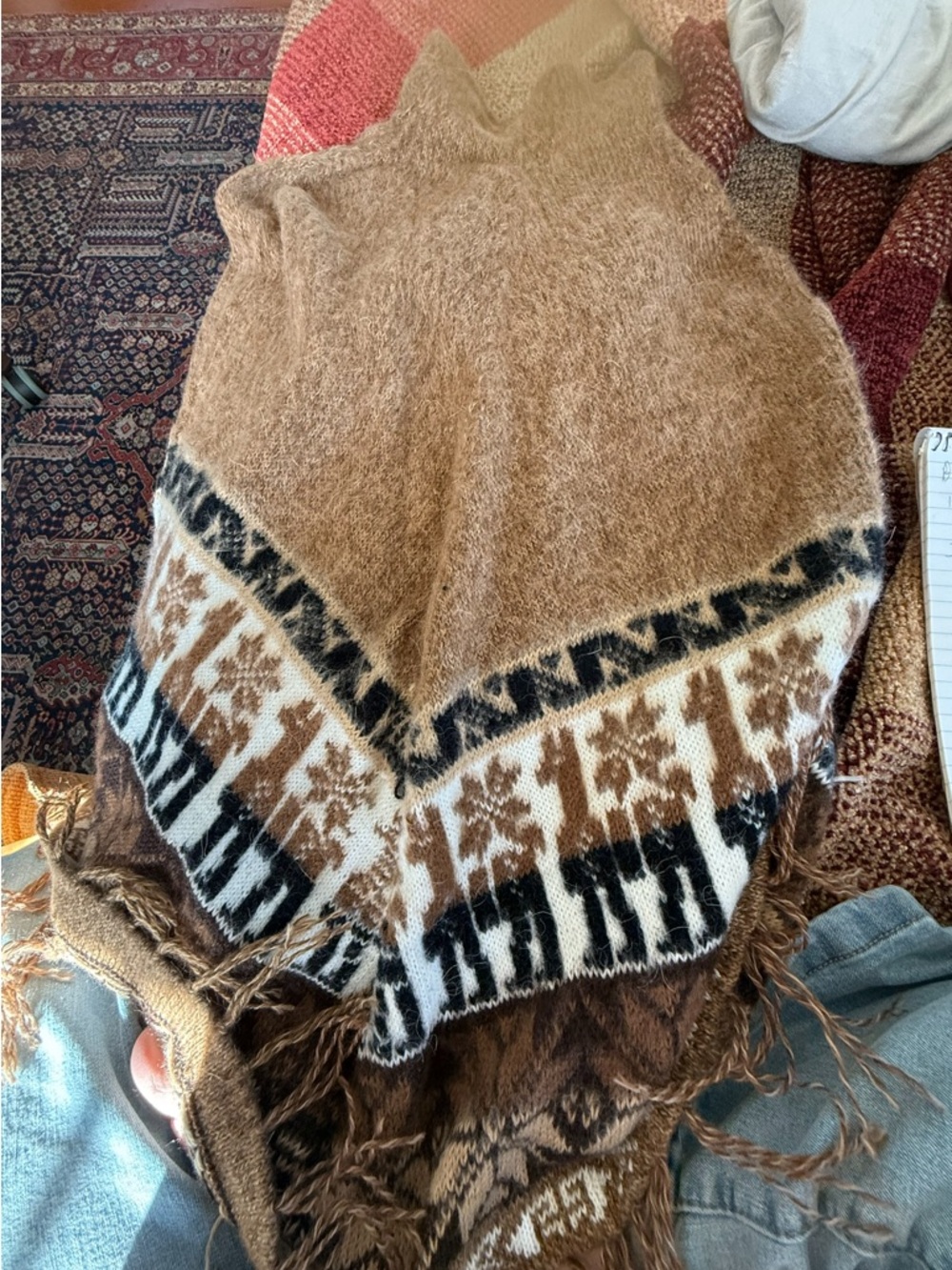 Cozy Brown and Cream Knit Poncho with Fringe size small